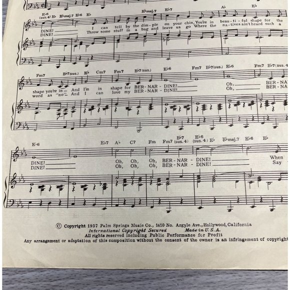 Piano Sheet Music Bernardine 1957 Vintage Johnny Mercer Pat Boone - Picture 3 of 4